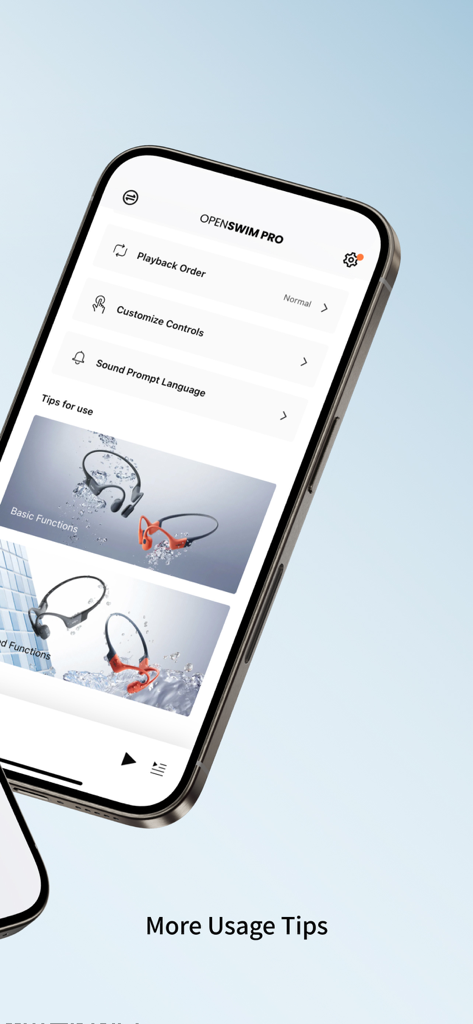 The Shokz app interface displaying settings and usage tips for the OpenSwim Pro bone conduction headphones.