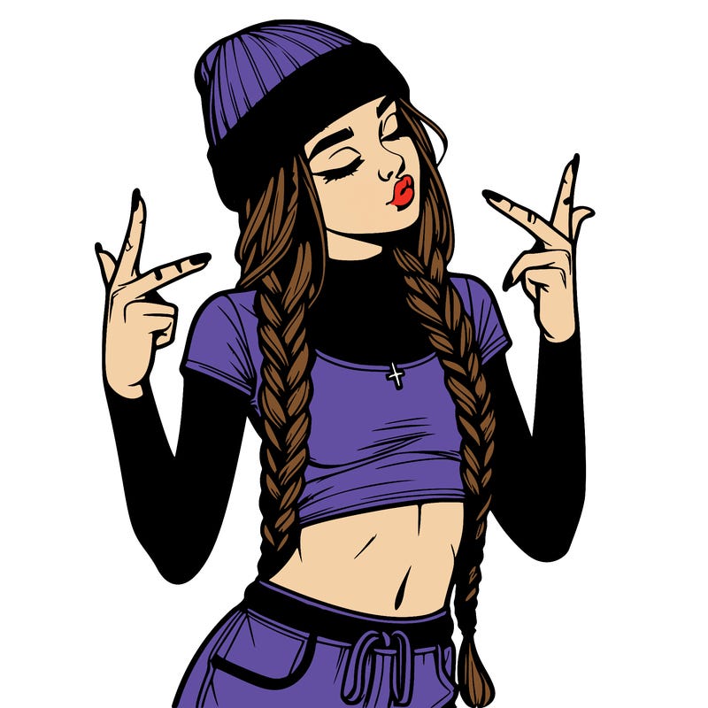 realistic teenage girl with braids and a beanie and crop top doing 🫶🏼