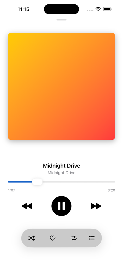 Now playing screen of the Cadence music player app showing the song Midnight Drive with minimalist playback controls and orange gradient album art