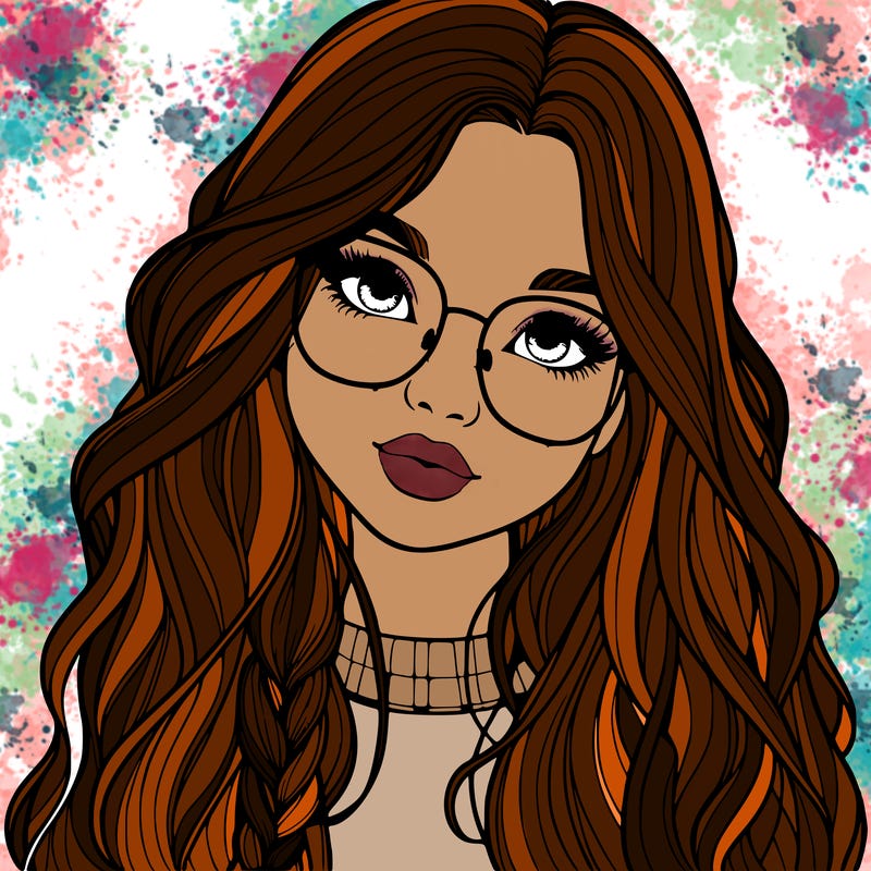 girl with long hair and freckles and glasses realistic