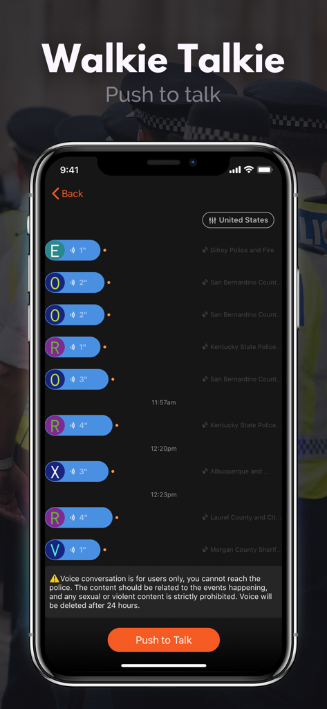 Police Scanner: Fire Radio - Interfaccia dell'app mobile che mostra la funzione push-to-talk walkie-talkie per i feed radio della polizia e dei vigili del fuoco