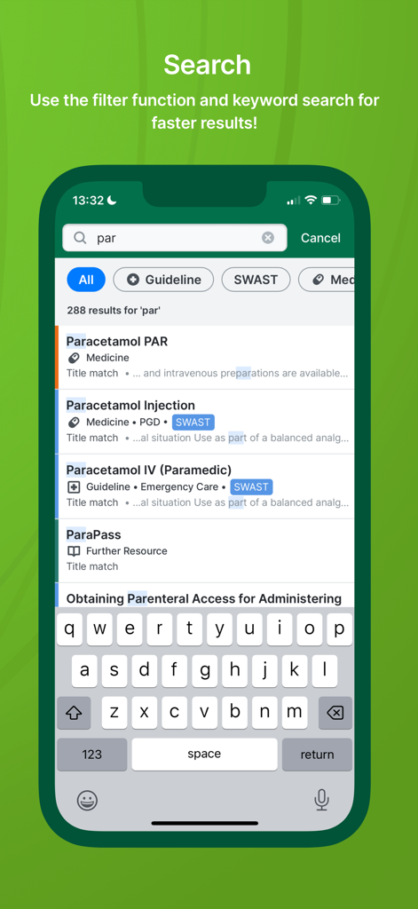JRCALC PLUS - Search screen of the JRCALC PLUS app displaying results for Paracetamol medical guidelines and filters