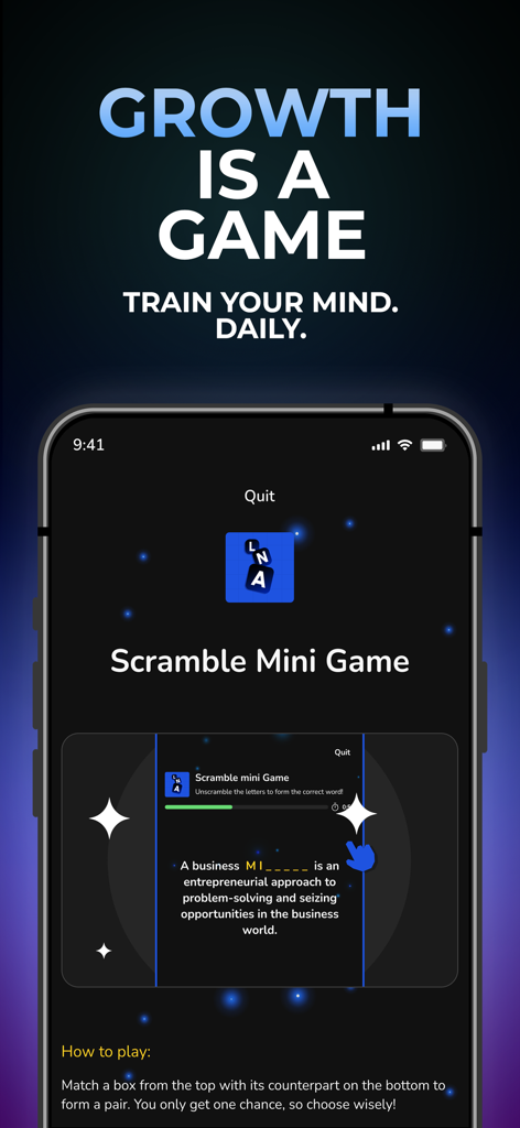 Legacy Academy - Legacy Academyアプリ内の、毎日のマインドトレーニング用のゲーミフィケーションされた単語スクランブルミニゲームを示すスマートフォン