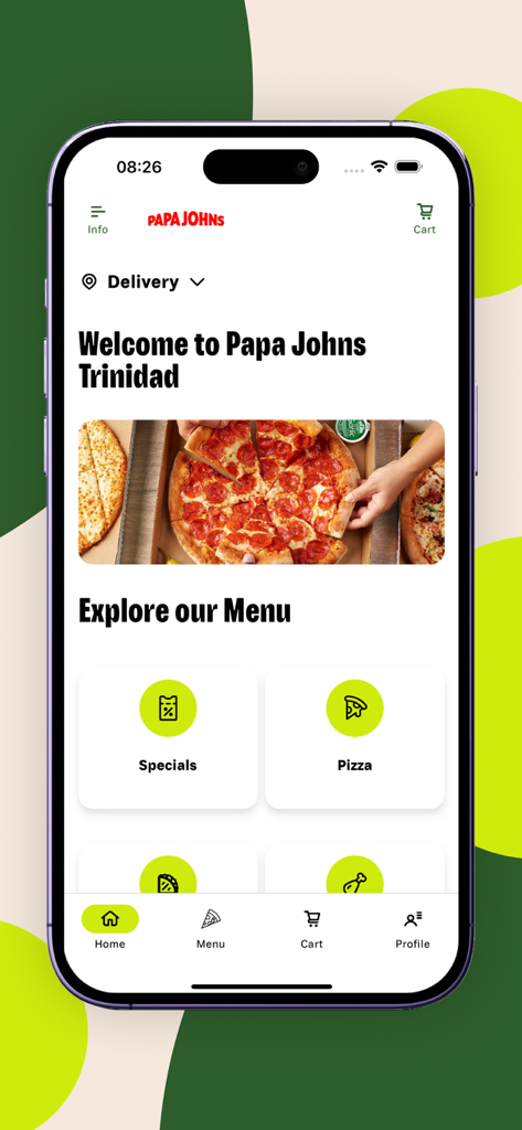 Papa Johns Pizza Trinidad app home screen showing specials and pizza menu categories