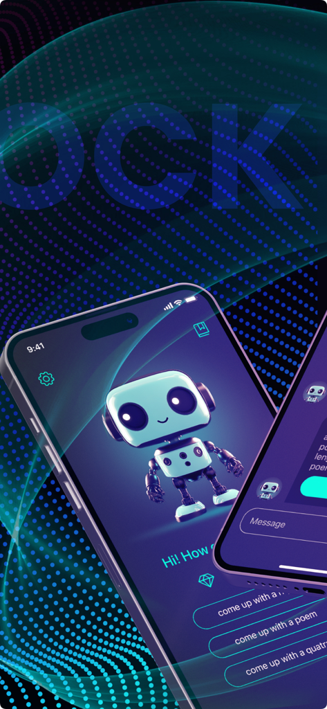 Interfaz de la aplicación Clean Flow que muestra un lindo robot asistente para la generación de poesía y rimas