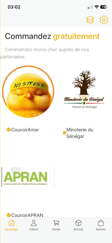 Jant Bi - Jant Bi mobile app interface showing a marketplace of Senegalese business partners including CouvoirAmar and Minoterie du Senegal