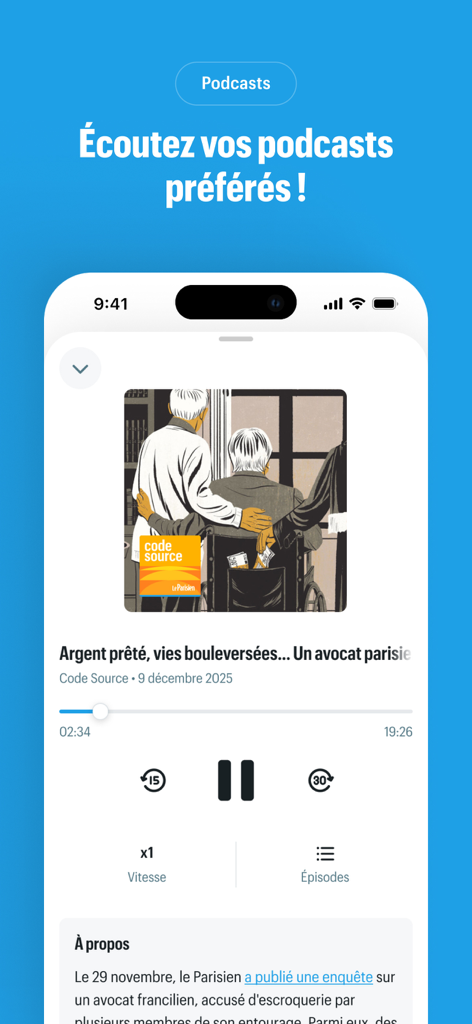 Le Parisien app podcast player interface showing the Code Source episode about a Parisian lawyer