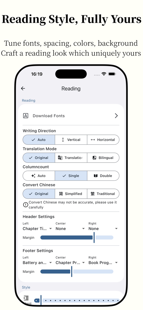 Anx Reader - Anx Reader app settings screen showing customization options for fonts, writing direction, translation modes, and page layout.