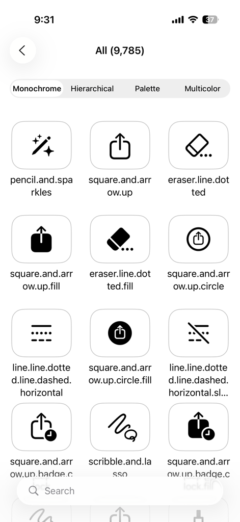 Una captura de pantalla de la aplicación Symbols Finder que muestra una cuadrícula de iconos de SF Symbols con sus nombres.