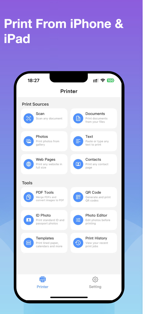 Printer App: Scan PDF, Print - Main screen of the Printer App on an iPhone showing print sources like scan, photos, and documents along with various productivity tools.