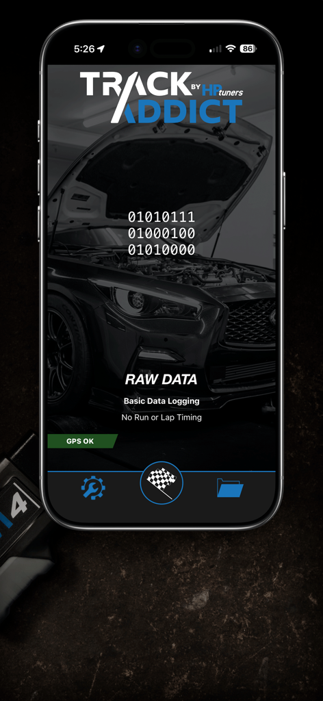 TrackAddict - TrackAddict app raw data logging screen with car engine background