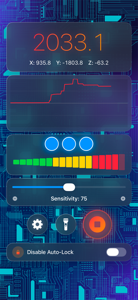 Metal Detector Professional - Interfaz principal de la aplicación Detector de Metales Profesional que muestra lecturas del campo magnético y un medidor de intensidad de señal