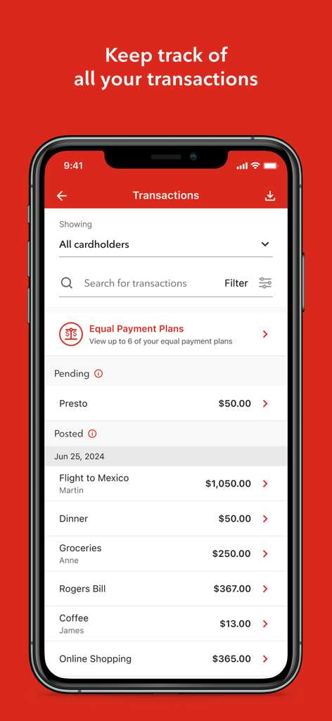 Captura de tela da tela de histórico de transações do aplicativo Rogers Bank mostrando uma lista de compras recentes e planos de pagamento