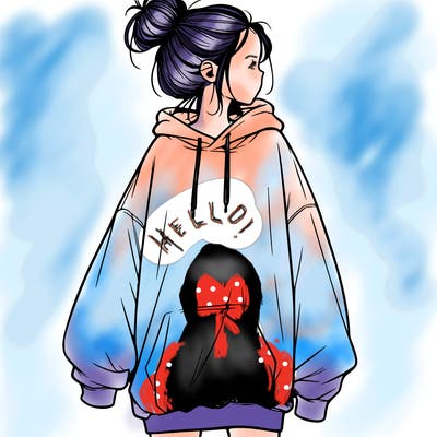 realistic girl with a oversized sweatshirt on and a bun