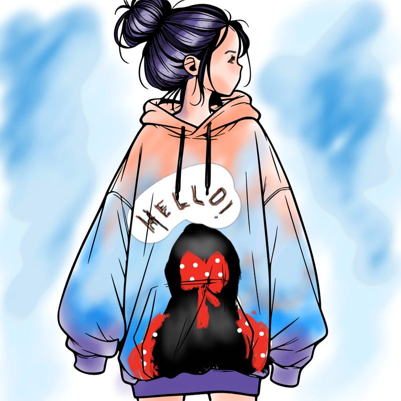 realistic girl with a oversized sweatshirt on and a bun