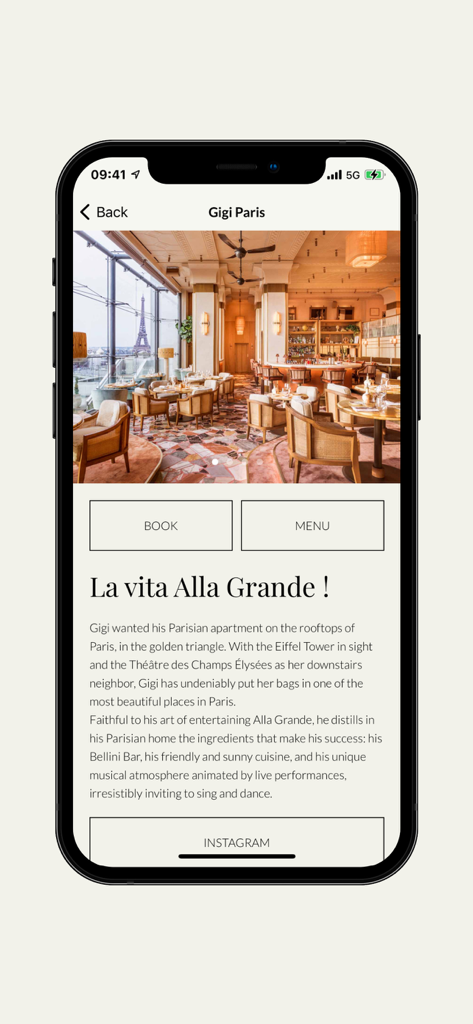 Paris Society - Paris Society mobile app displaying the Gigi Paris restaurant page with booking options and a view of the Eiffel Tower