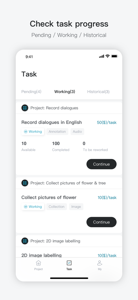 Appen Task - Appen Task mobile interface displaying active data collection tasks and progress.