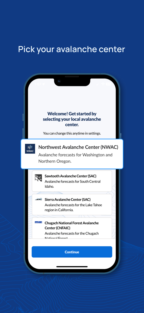 Ein Bildschirm einer mobilen App, der eine Liste regionaler Lawinenzentren zur Auswahl anzeigt, einschließlich Northwest und Sawtooth.