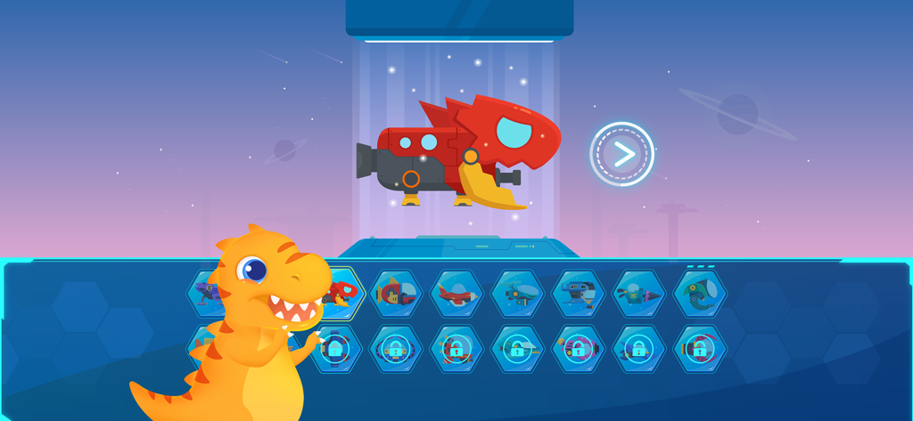 Dinosaur Math 2:Games for kids - Un personaje de dinosaurio amarillo junto a un menú de selección de naves espaciales que presenta varios vehículos temáticos de dinosaurios en un entorno espacial.