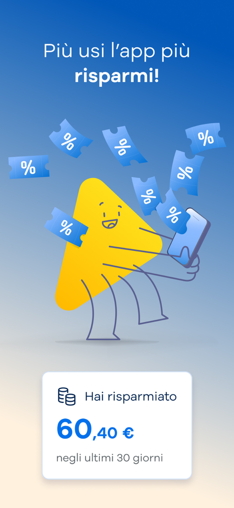 Telepass App-Bildschirm, der monatliche Einsparungen und Rabattcoupons anzeigt