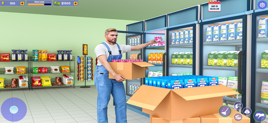 Dog Food Supermarket Simulator - A store manager in overalls restocking a refrigerator with products from a cardboard box.