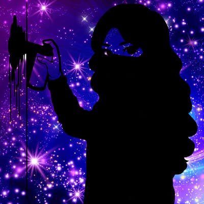 realistic girl with mask spray painting a wall