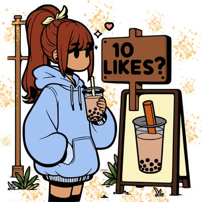 girl with oversized hoodie drinking boba and she has a high ponytail with a sign that says 10likes?