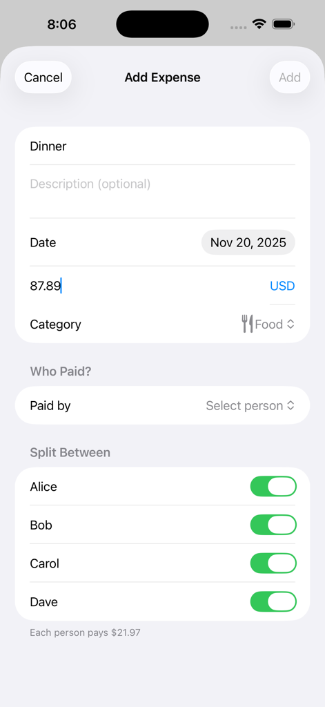 DivvyTrip - DivvyTrip app interface for adding an expense and splitting a bill between four friends.