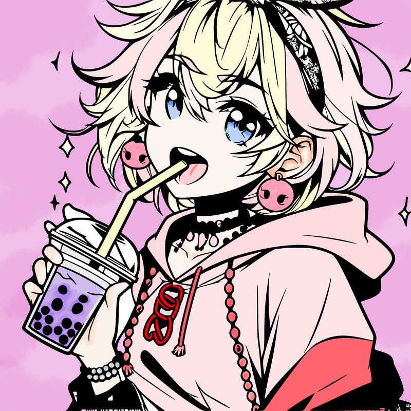 hot baddie anime girl drinking boba and biting the straw