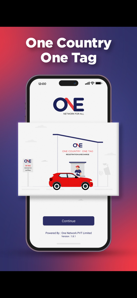 M-TAG One Network - Schermata di benvenuto dell'app M-TAG One Network con lo slogan One Country One Tag e un'illustrazione della targa del veicolo