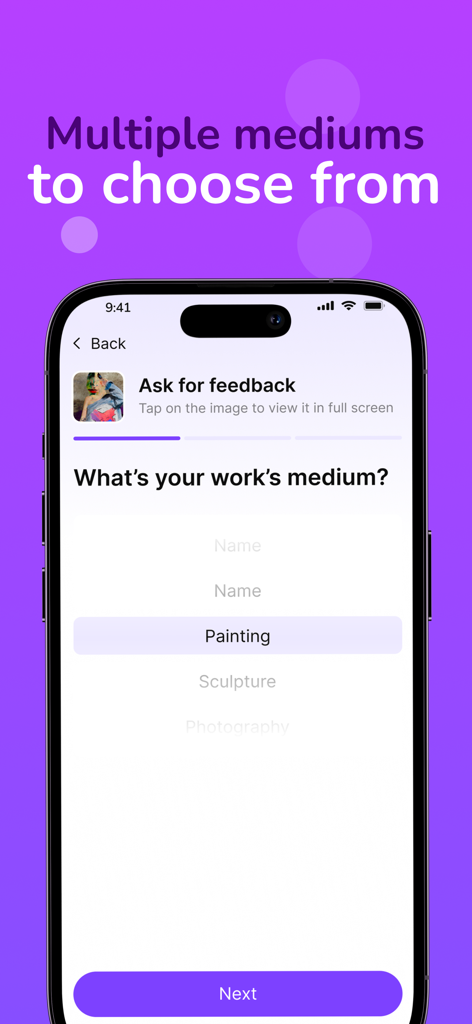 Palit - Artwork Showcase - Interface for selecting an artistic medium in the Palit app.