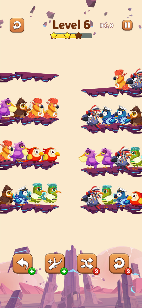 Bird Sort 2 Color Puzzle Game - Colorful birds sitting on floating branches in Bird Sort 2 puzzle game.