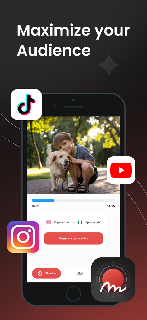 Translate Video: Subtitles - Smartphone interface showing the Translate Video app generating Spanish subtitles from English for social media like TikTok, YouTube, and Instagram.