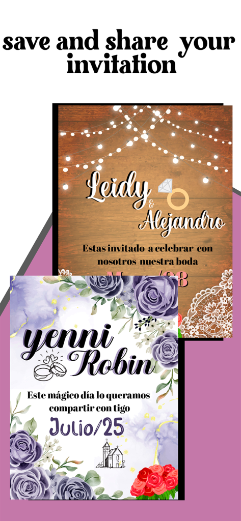 Dos diseños personalizados de invitaciones de boda con estilos rústicos de madera y florales con el texto 'guarda y comparte tu invitación'.