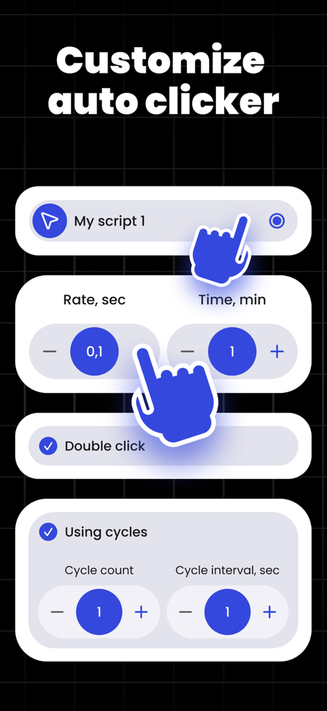 Interfaccia per la personalizzazione degli script di auto clicker con impostazioni di velocità e cicli