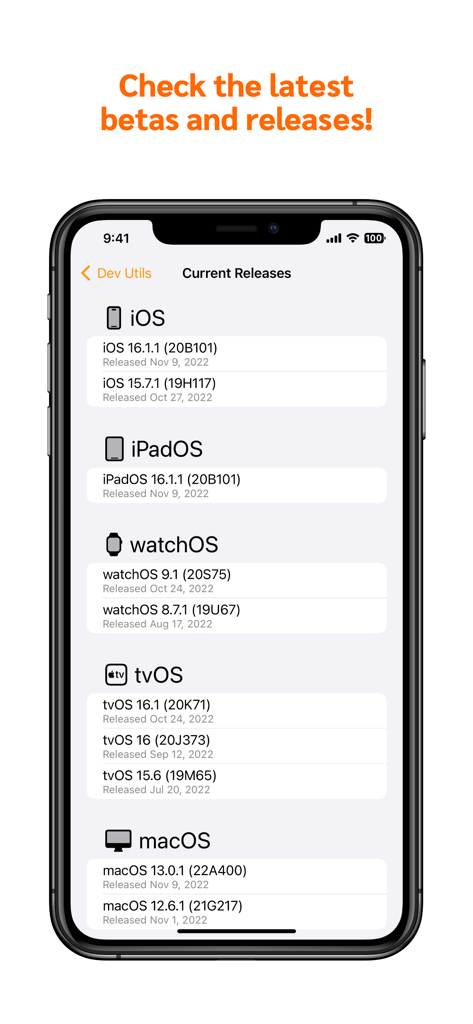 A smartphone showing a list of current Apple OS releases for iOS, iPadOS, watchOS, and tvOS within the Dev Utils app.