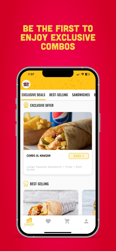 Malak Al Tawouk - Interface do aplicativo Malak Al Tawouk mostrando combos exclusivos e ofertas de sanduíches tawouk