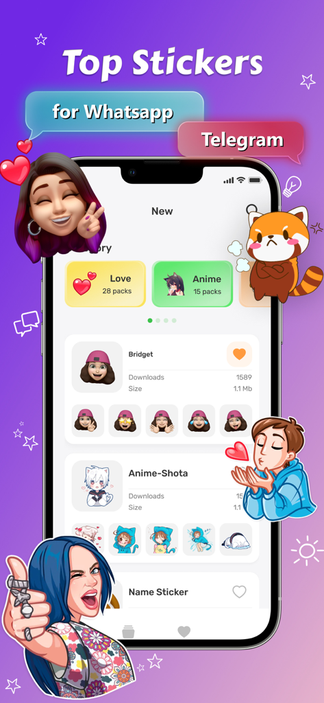 Top Stickers - Emoji & Memes - Top Stickers app interface displaying sticker categories like Love and Anime for WhatsApp and Telegram