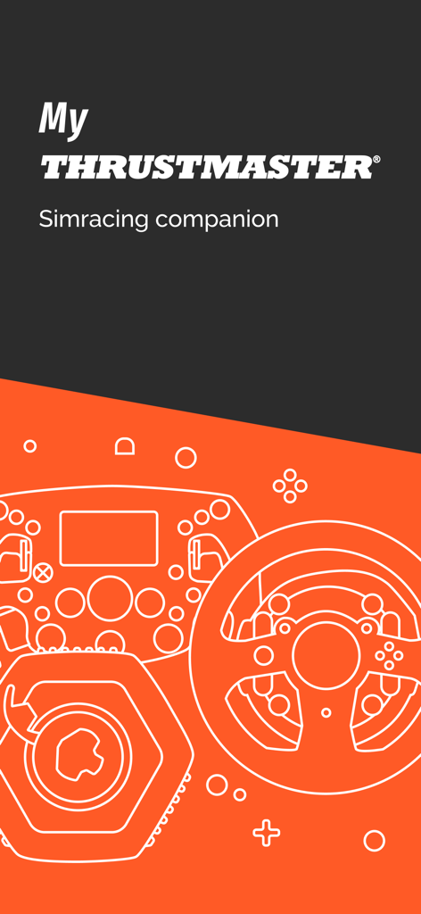 My Thrustmaster - Écran de démarrage de l'application compagnon de sim racing My Thrustmaster avec des graphismes de volant de course