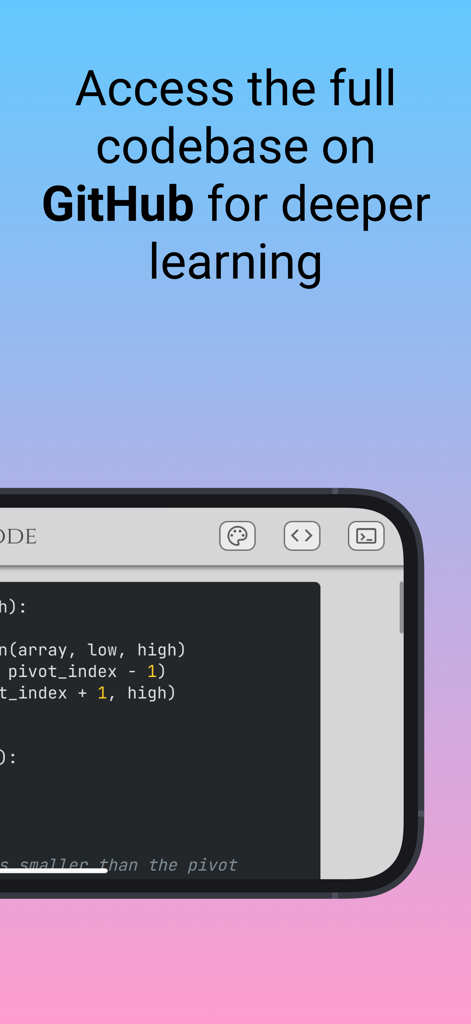 Screenshot of VisiGrab app showing a code example and a call to action to access the full codebase on GitHub for deeper learning.