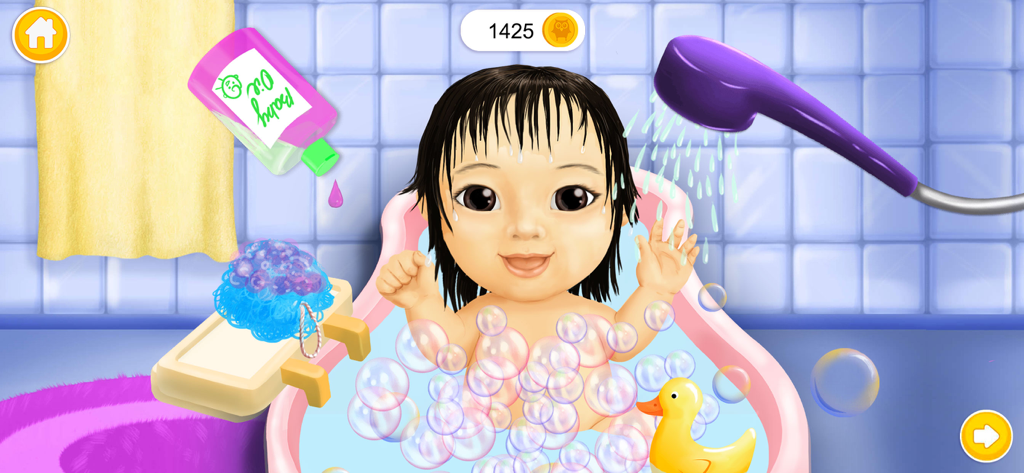 A baby girl named Yukiko taking a bubble bath with a rubber duck in Sweet Olivia Daycare 4.