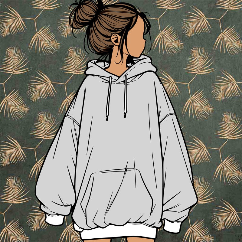 realistic girl with a oversized sweatshirt on and a bun