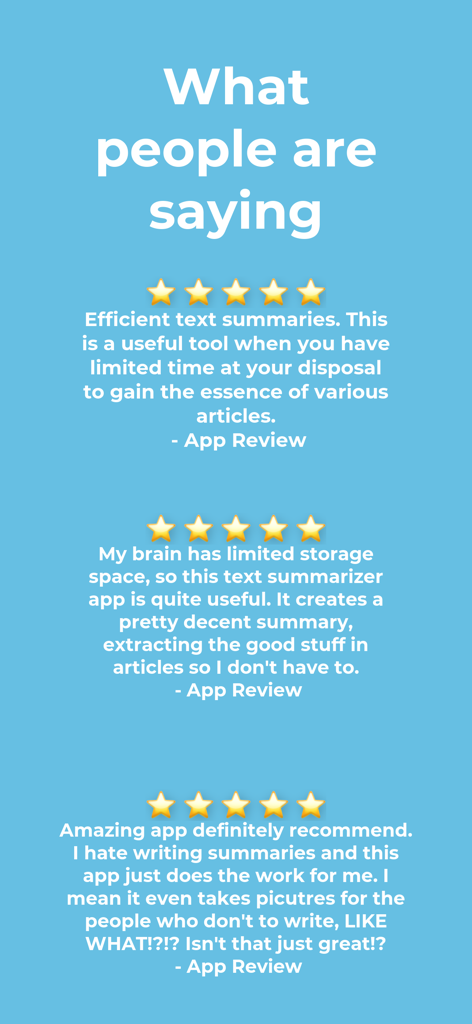Summary AI: TLDR Summarizer - Three five-star app reviews for Summary AI on a light blue background