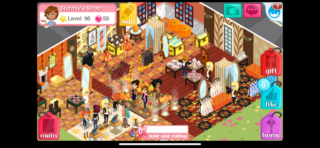 A bustling virtual fashion boutique in Fashion Story decorated with autumn themes and pumpkins showing characters shopping.