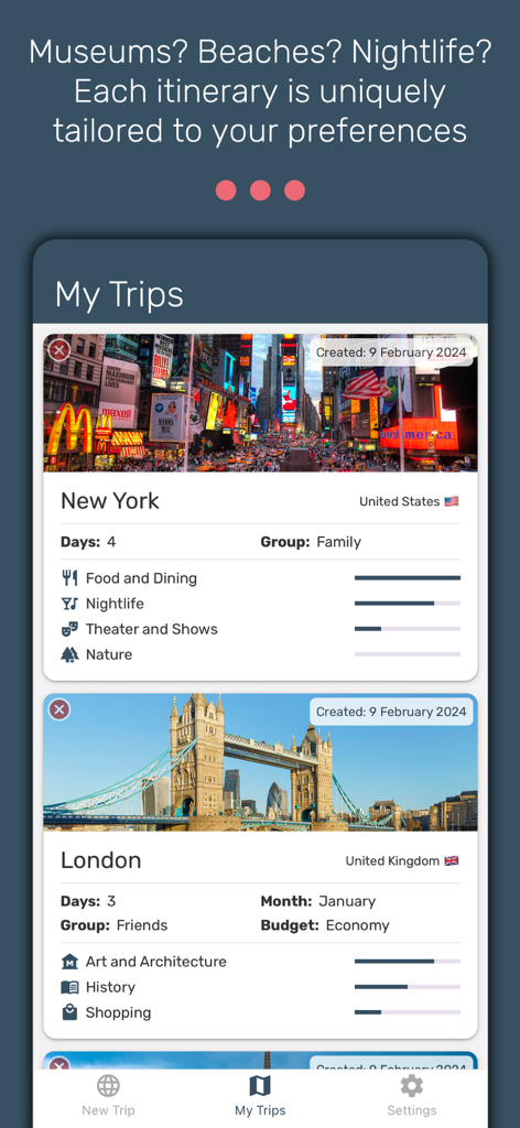 NewTrip - A mobile app screen showing a list of personalized travel itineraries for New York and London with detailed preferences.