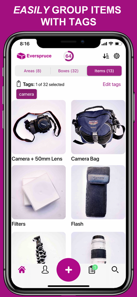 Everspruce app interface showing a collection of camera equipment organized with the camera tag