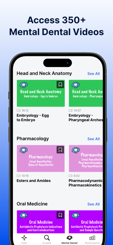 A smartphone screen displaying the Mental Dental video library within the Dental Boards Mastery app for INBDE preparation.