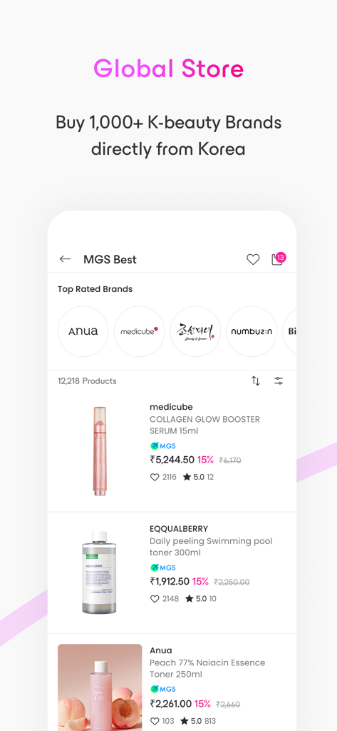 Maccaron skincare shopping - Interface da Loja Global do aplicativo Maccaron apresentando as principais marcas e produtos de skincare coreanos
