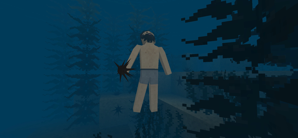 Survivalcraft 2 Day One - Un personaggio a blocchi che nuota sott'acqua vicino ad alghe nel gioco Survivalcraft 2