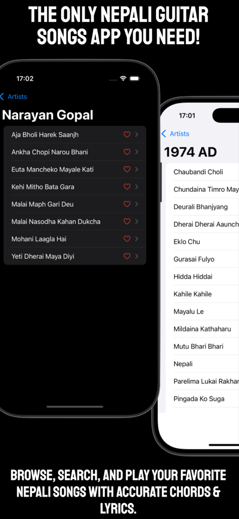Nepali Guitar Chords - Nepali Guitar Chords app interface displaying song lists by artists Narayan Gopal and 1974 AD in dark and light mode